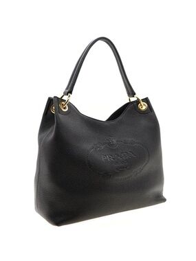 Prada Hobo Shoulder Bag Embossed Logo Black Leather 1BC051 New